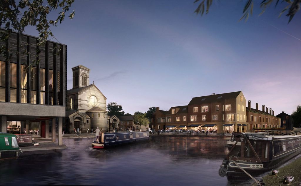 Jericho Wharf at dusk beside St Barnabas Church
