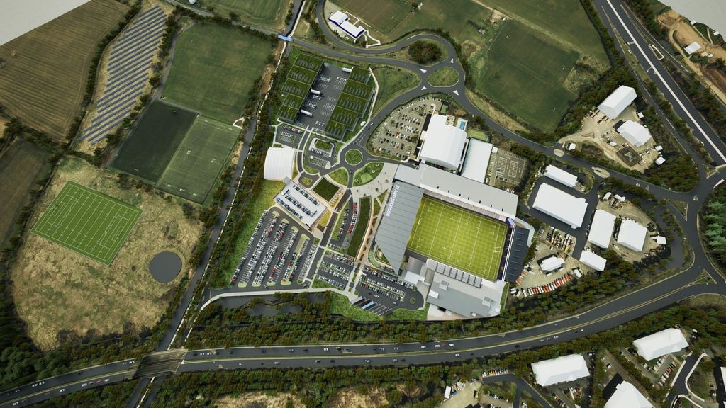 Aerial CGI of the Sixways masterplan around the stadium